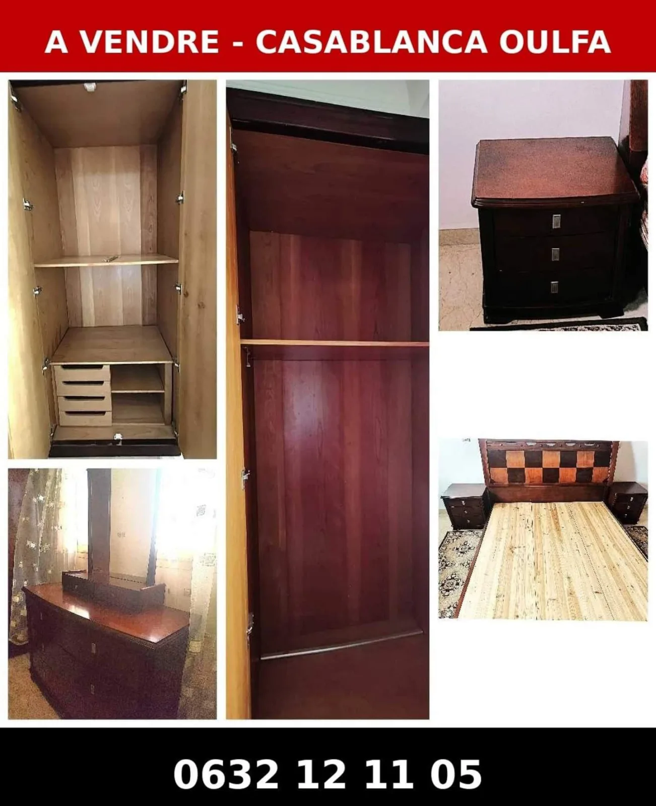 Photo de Chambre à coucher complète en bois, armoire, commode, chevets